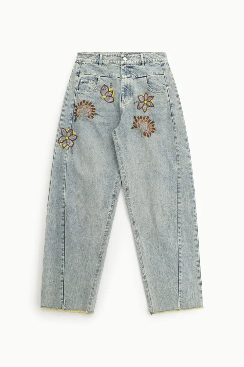 Jeans wide leg ricami floreali vita alta