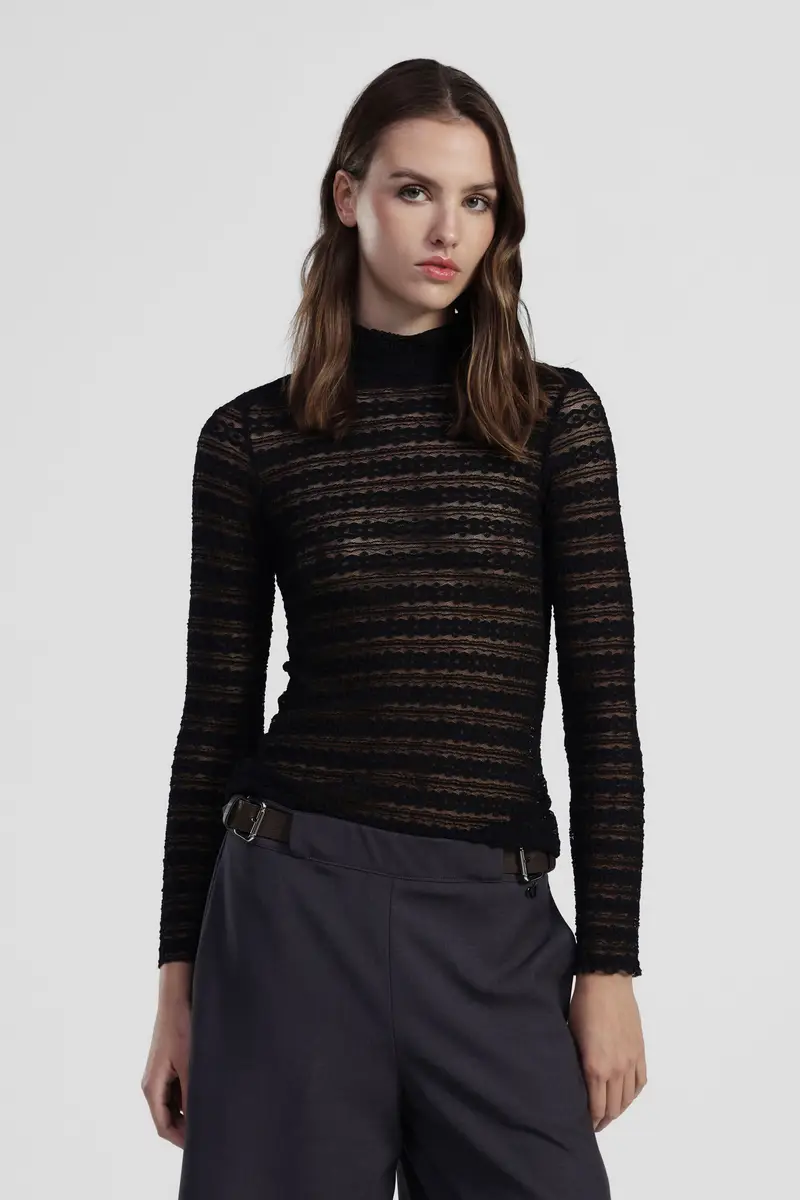 Maglia a maniche lunghe trasparente lavorata a righe miniatura 2