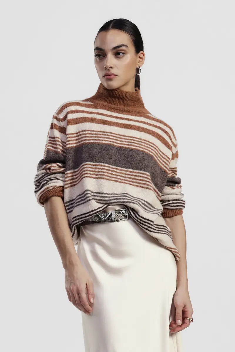 Maglione a righe con collo alto e maniche lunghe miniatura 2