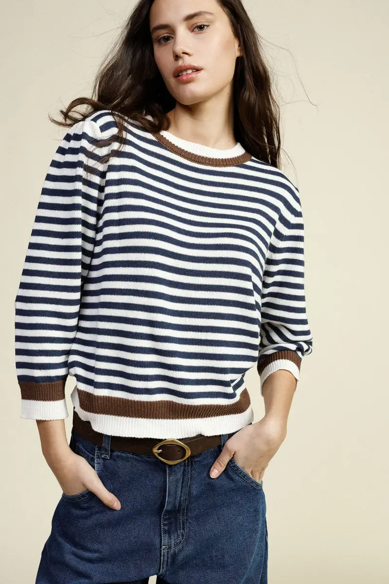 Maglione a righe con collo girocollo e polsini a contrasto miniatura 2