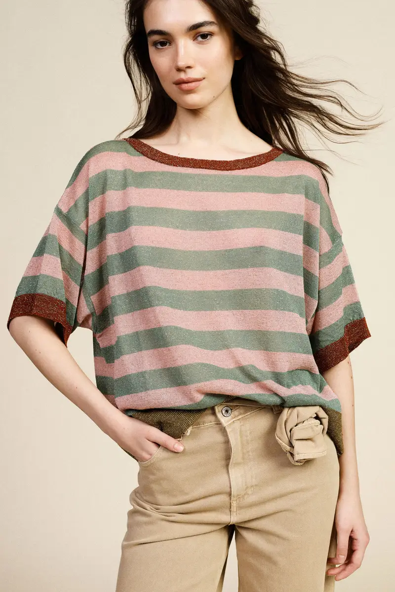 Maglione a righe con maniche corte e scollo barca miniatura 2