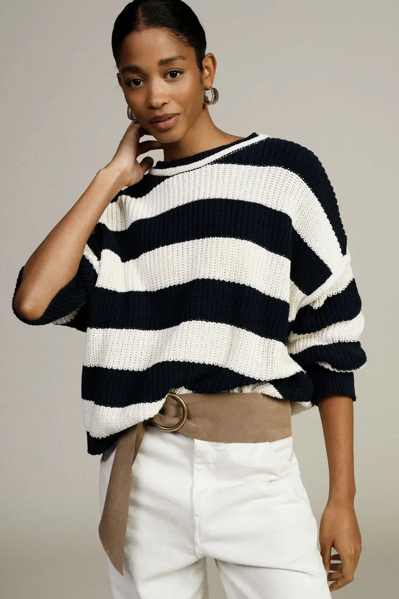 Maglione a righe con maniche lunghe e collo giro miniatura 2