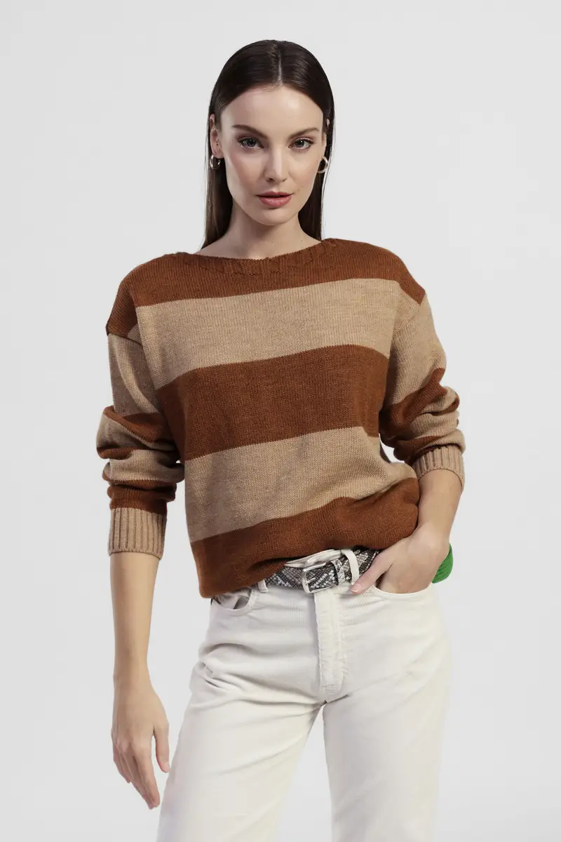 Maglione a righe con scollo rotondo e fondo a contrasto miniatura 2