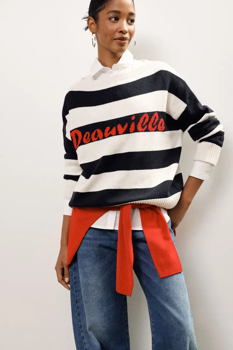 Maglione a righe con scritta e maniche lunghe miniatura 2