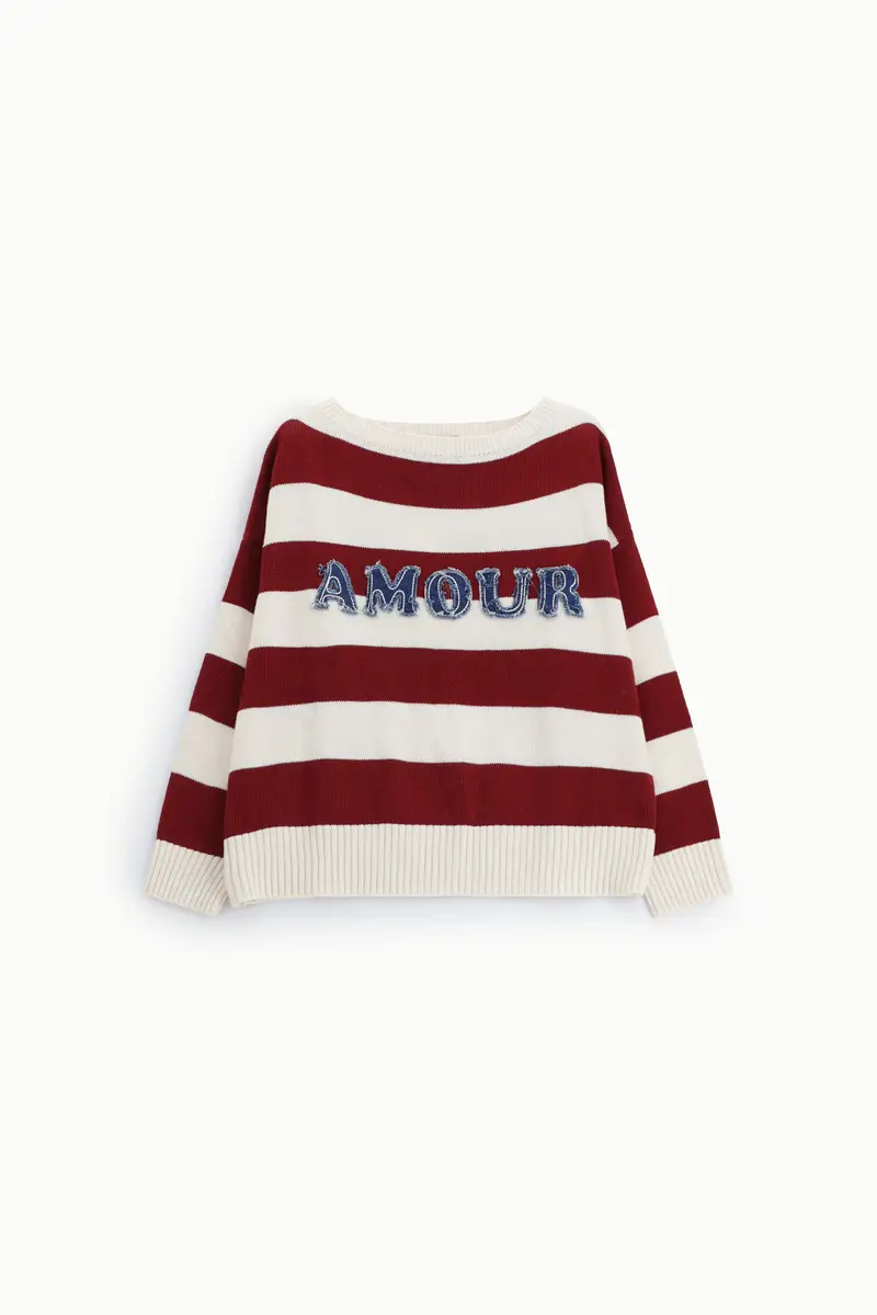 Maglione a righe con scritta frontale e girocollo