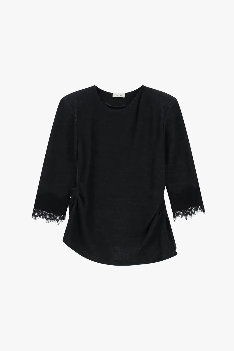 Maglione girocollo con maniche tre quarti e inserti pizzo