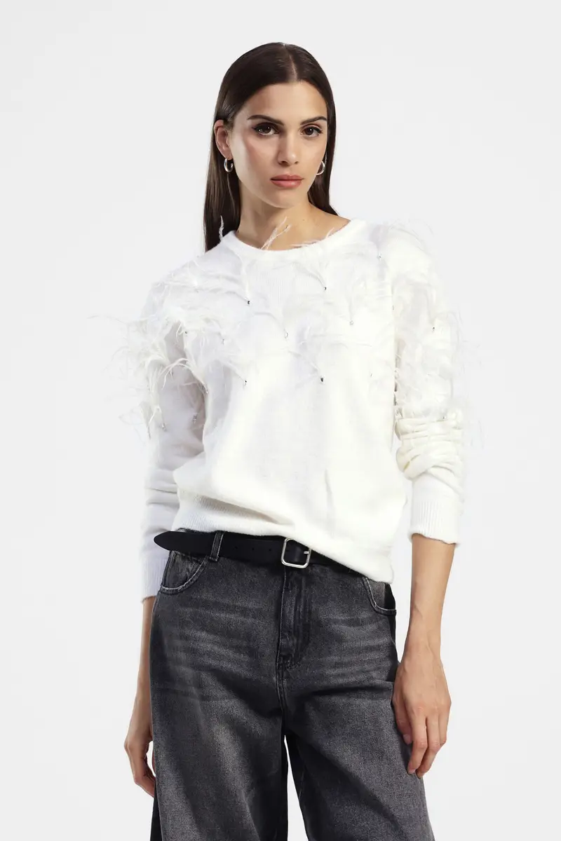 Maglione girocollo con piume applicate e perline miniatura 2