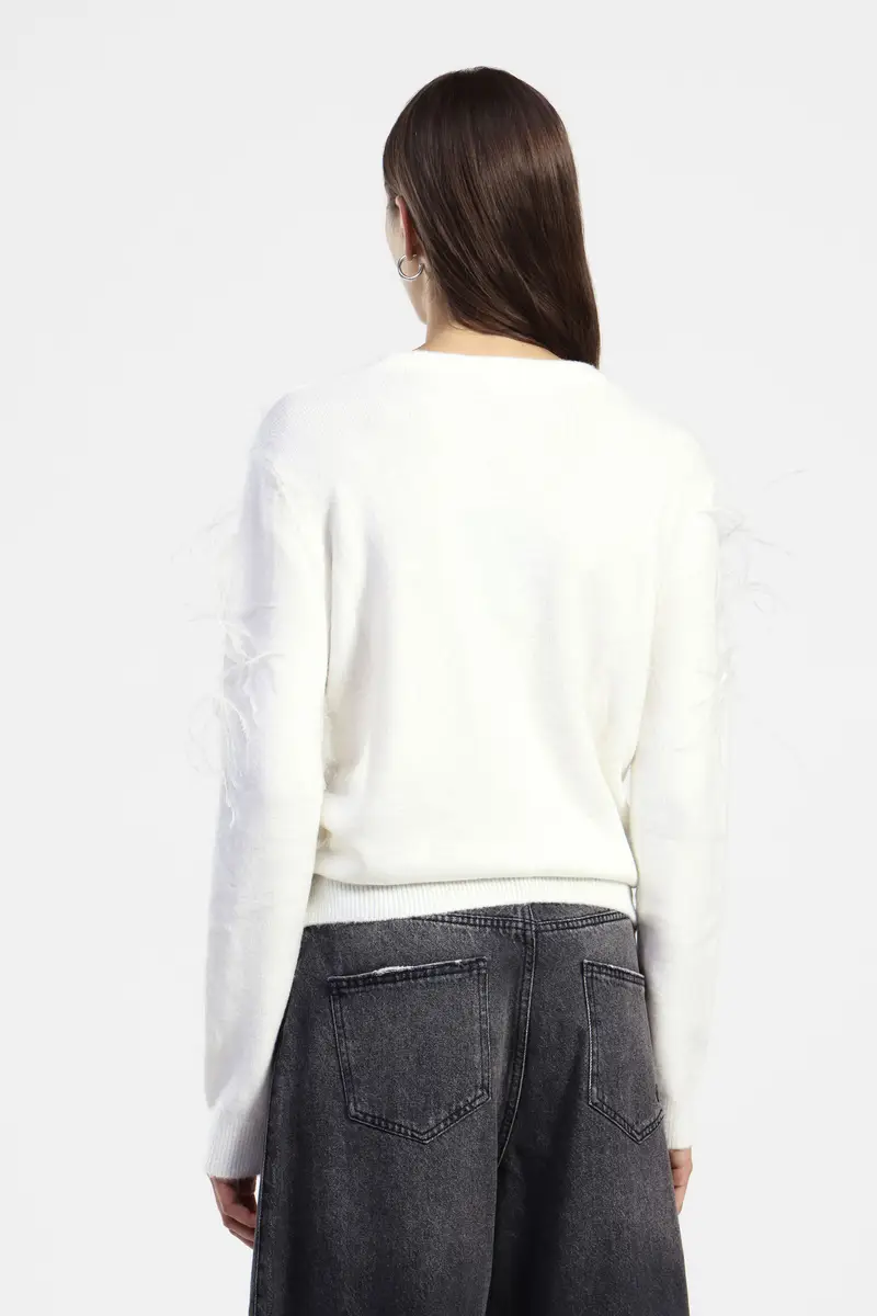 Maglione girocollo con piume applicate e perline miniatura 3