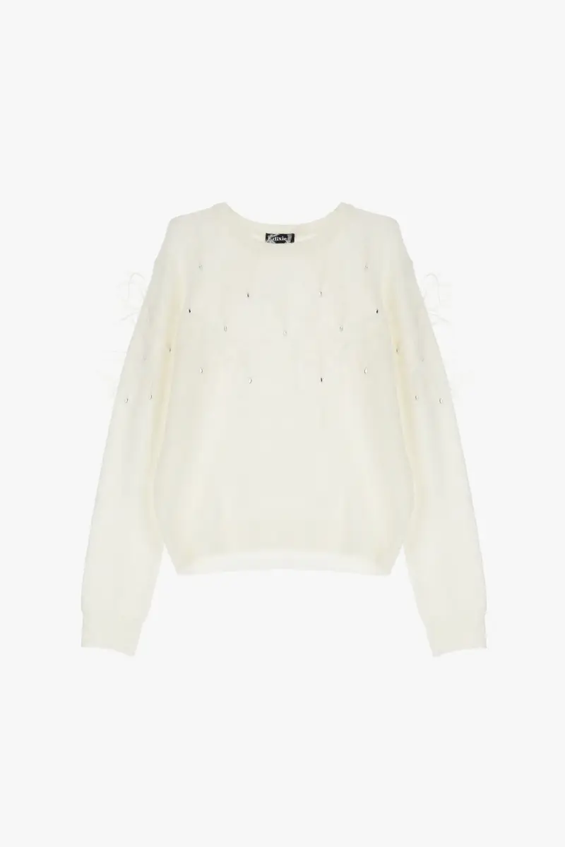 Maglione girocollo con piume applicate e perline