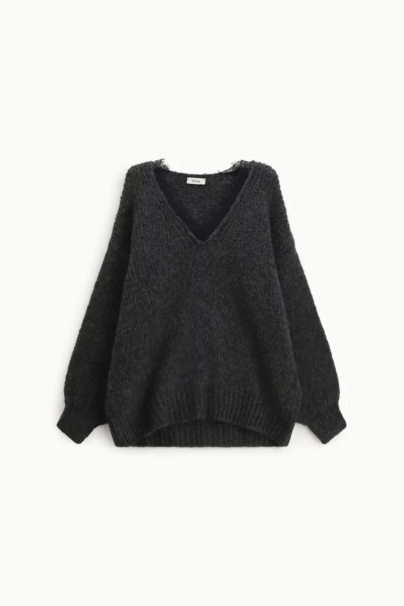 Maglione girocollo v con bordo pizzo e polsini ampi