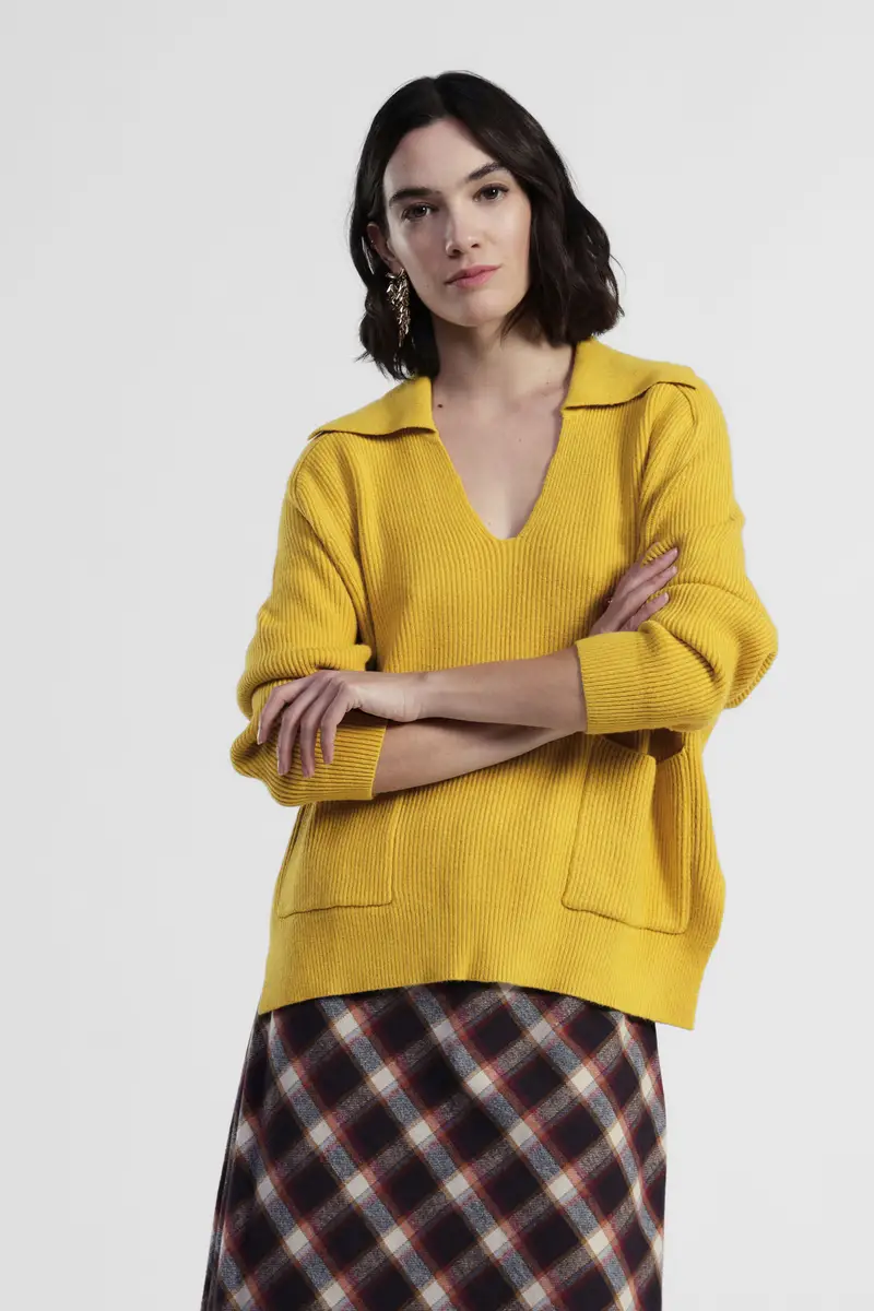 Maglione scollo a v con tasche applicate miniatura 2