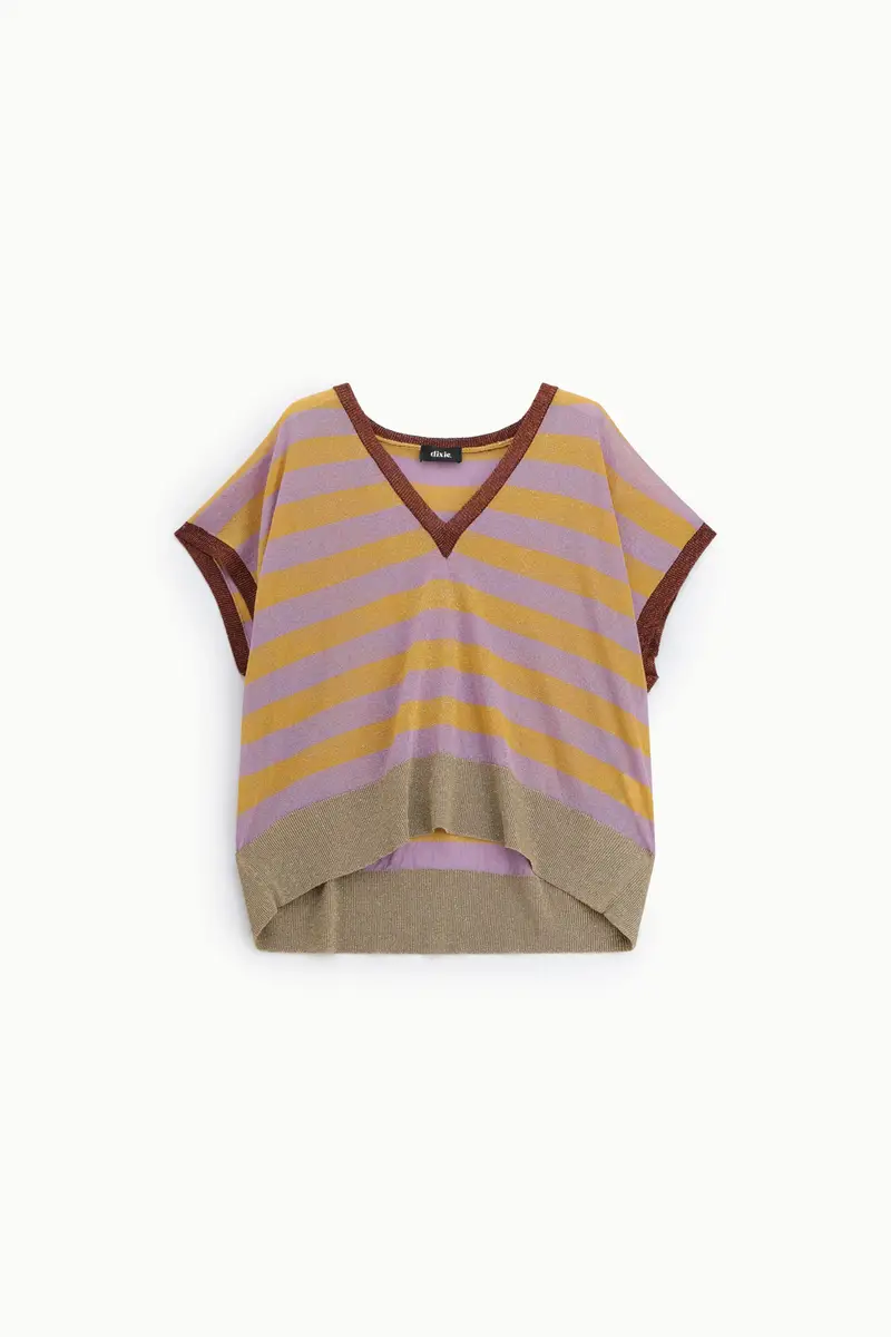 Maglione smanicato a righe con scollo a v