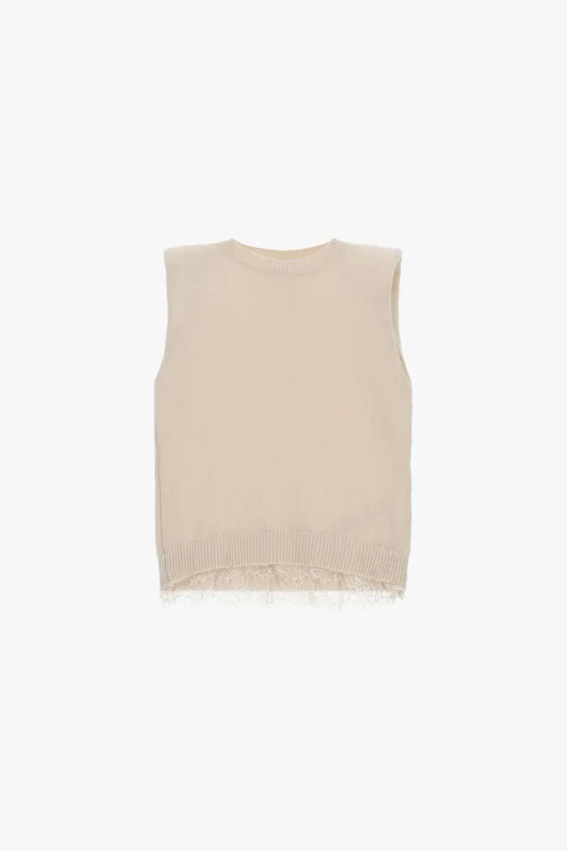 Maglione smanicato con bordo in pizzo e scollo tondo