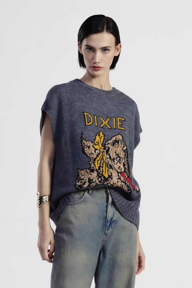 Maglione smanicato girocollo stampa cane e cuore miniatura 2