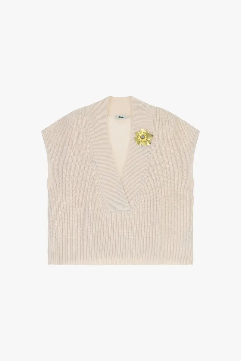 Maglione smanicato scollo a v con fiore