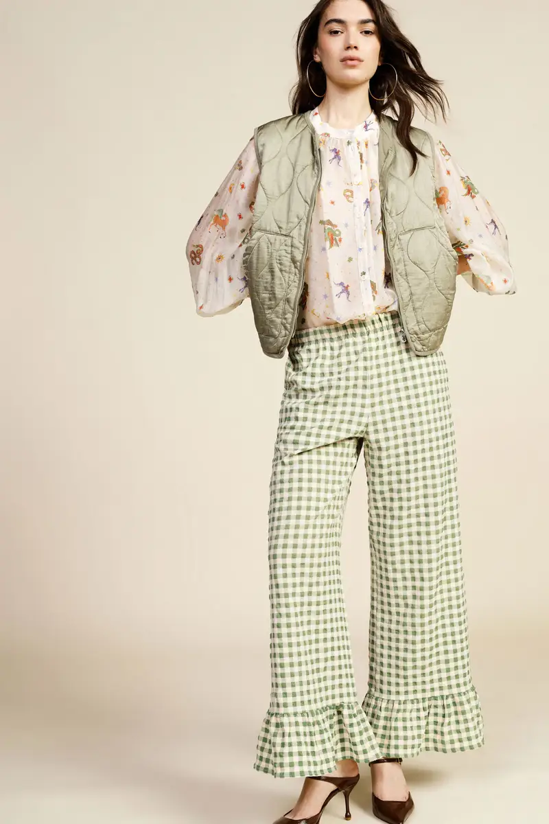 Pantaloni palazzo a quadretti con volant fondo miniatura 2