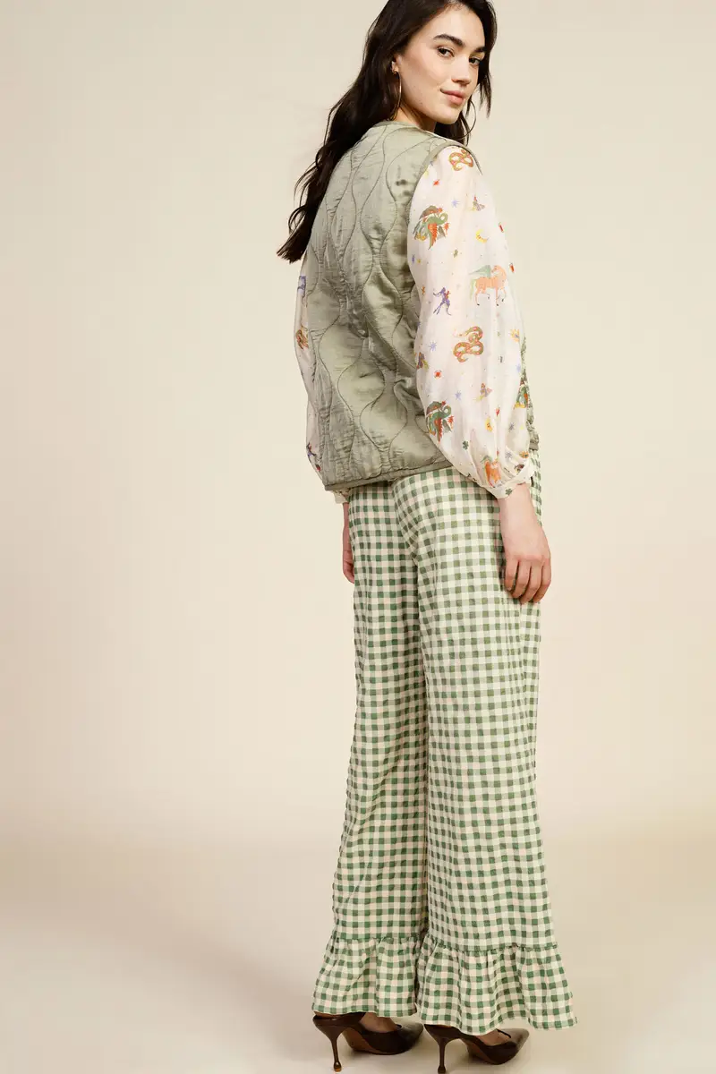 Pantaloni palazzo a quadretti con volant fondo miniatura 3