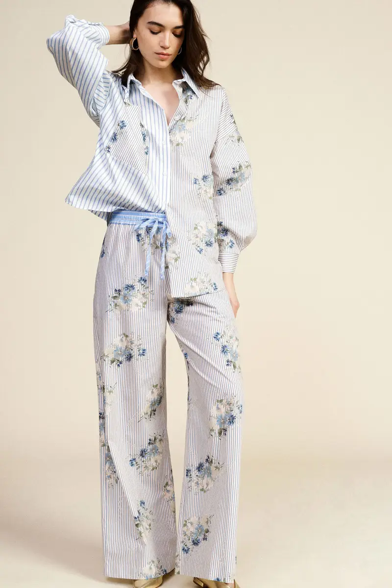 Pantaloni palazzo a righe con fiori e vita alta miniatura 2