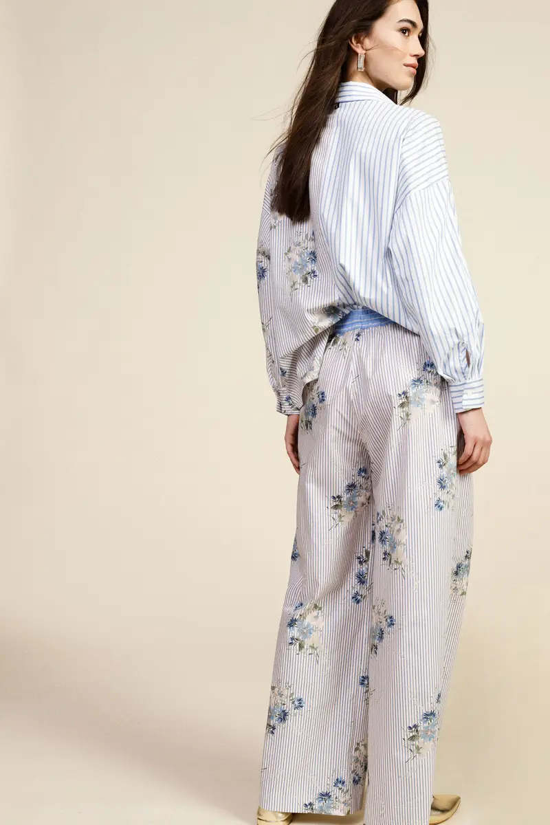 Pantaloni palazzo a righe con fiori e vita alta miniatura 3