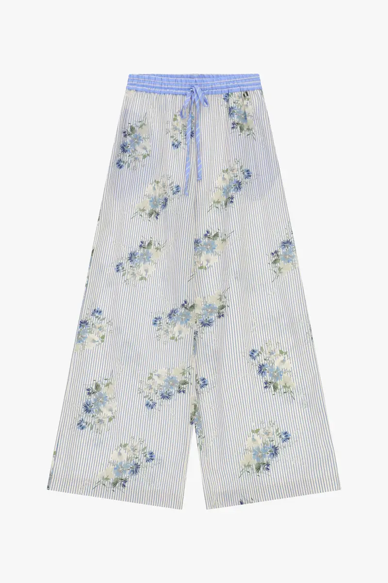 Pantaloni palazzo a righe con fiori e vita alta