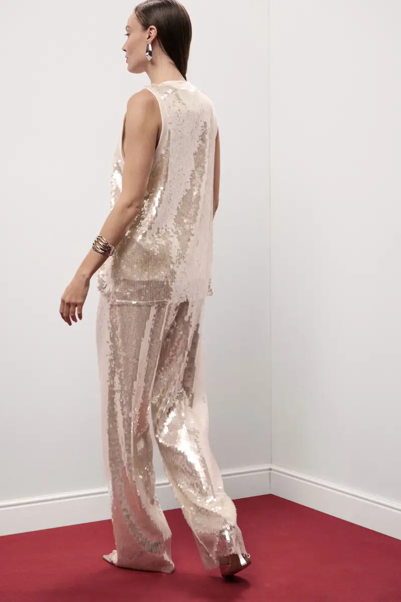 Pantaloni palazzo a vita alta con paillettes miniatura 3