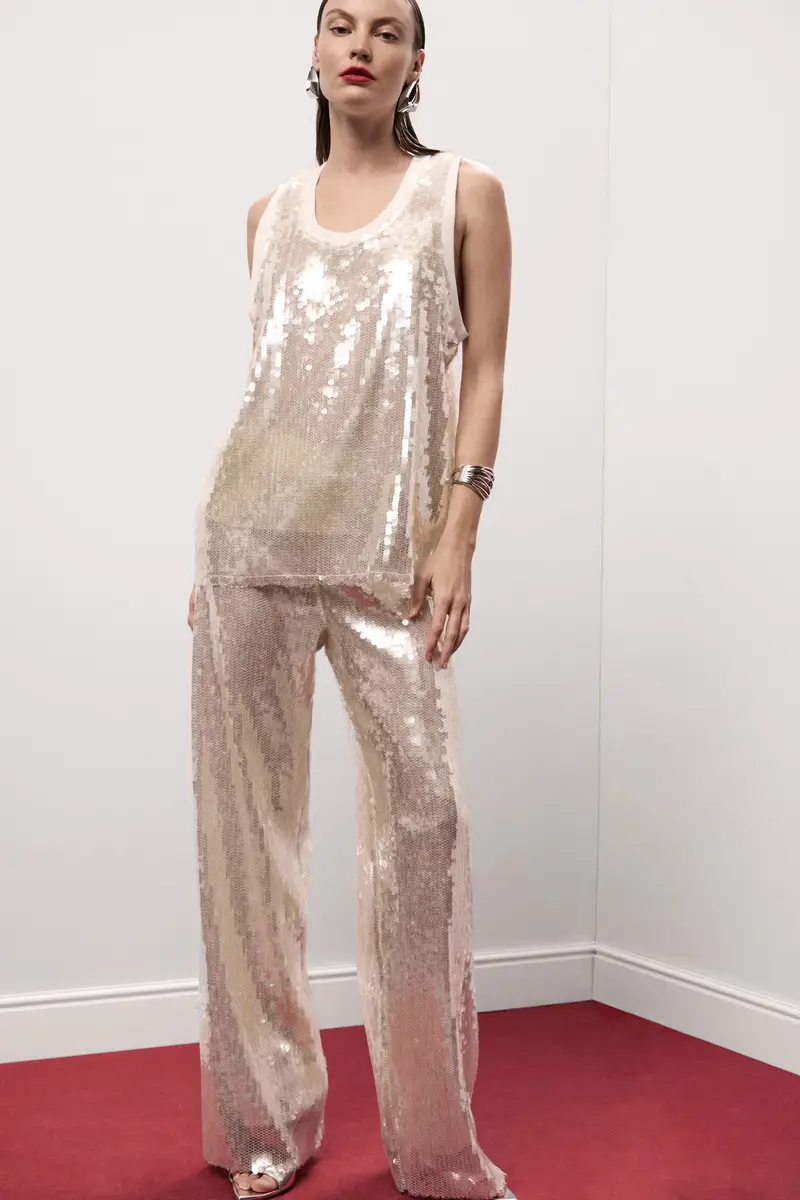 Pantaloni palazzo a vita alta con paillettes miniatura 2