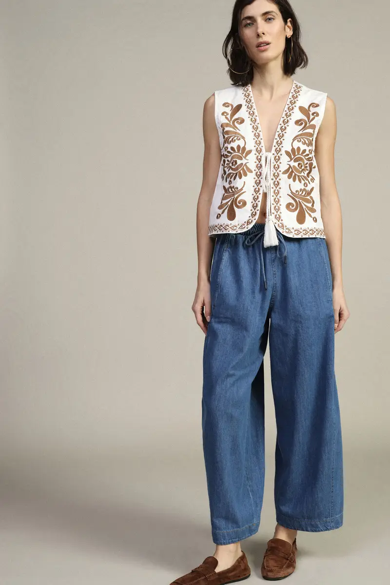 Pantaloni palazzo ampi con vita alta e coulisse miniatura 2