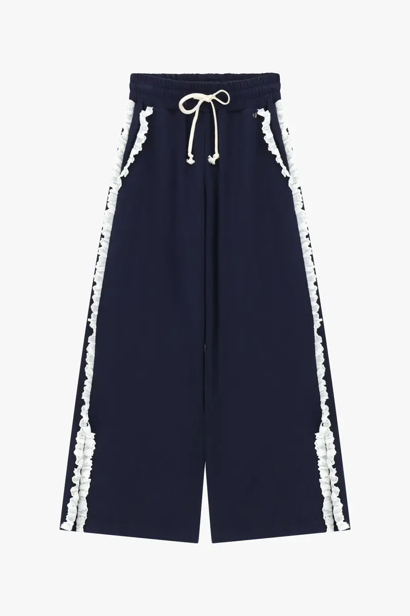 Pantaloni palazzo con bordo in pizzo e coulisse