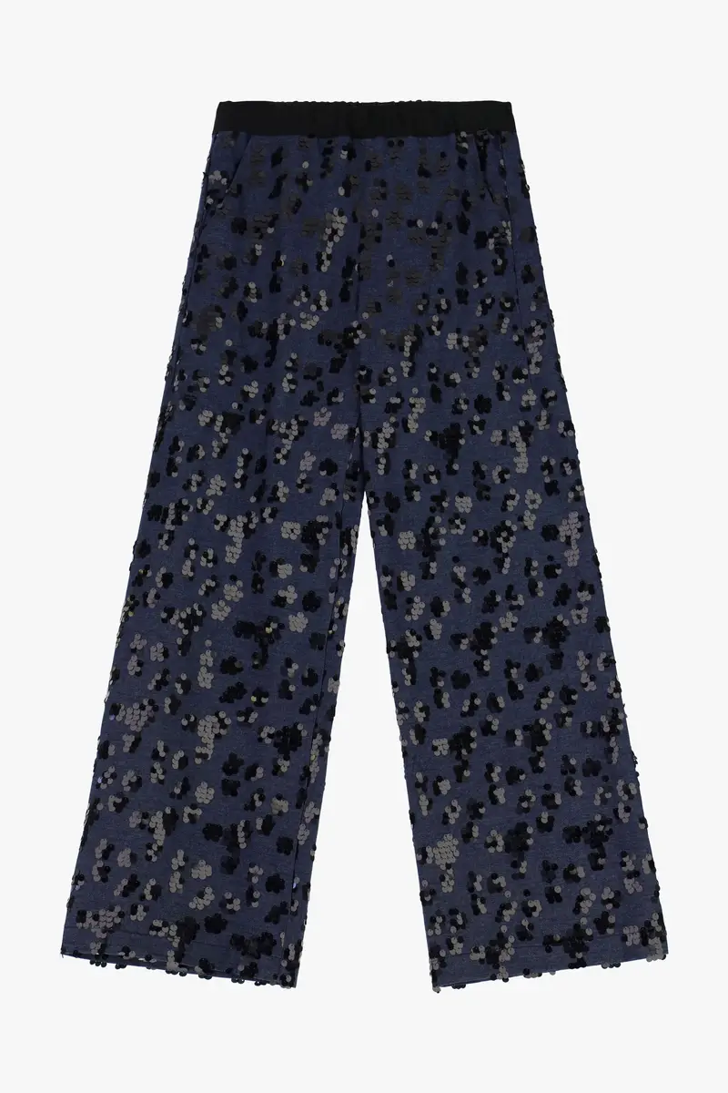 Pantaloni palazzo con elastico e motivo a paillettes