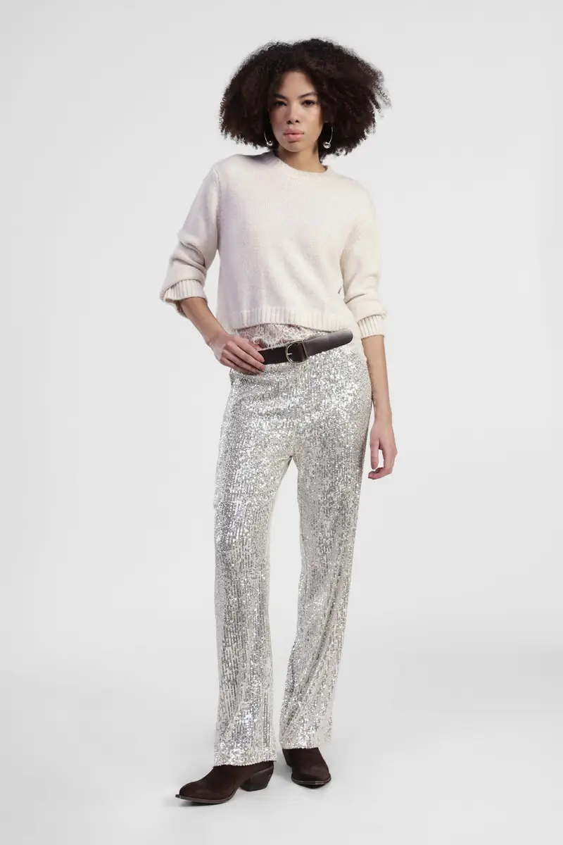 Pantaloni palazzo con paillettes e vita alta miniatura 2