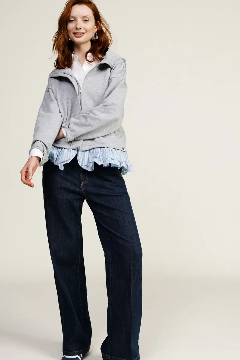 Pantaloni palazzo denim vita media cuciture a vista miniatura 2