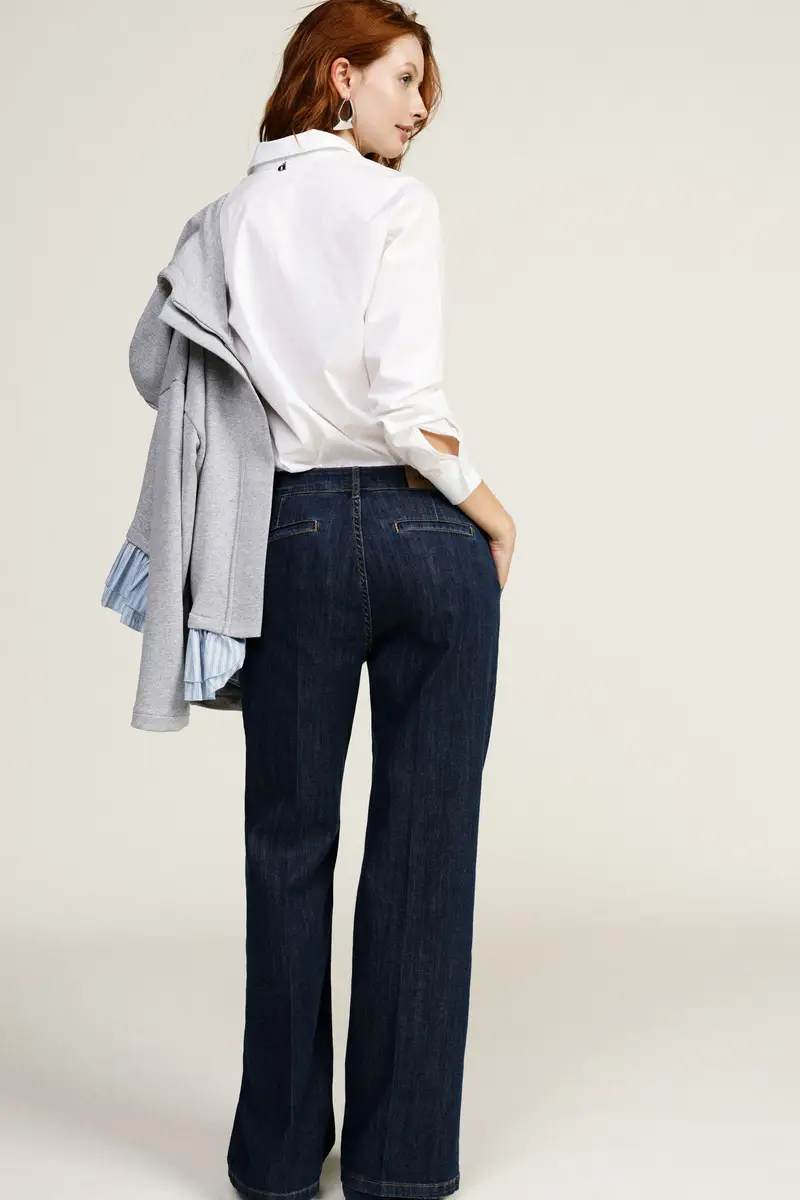 Pantaloni palazzo denim vita media cuciture a vista miniatura 3