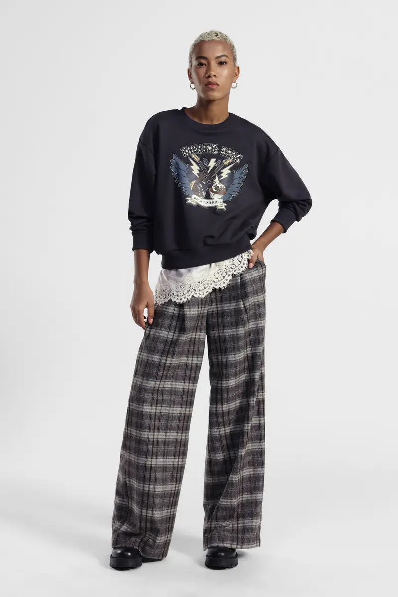 Pantaloni palazzo fantasia check vita alta miniatura 2