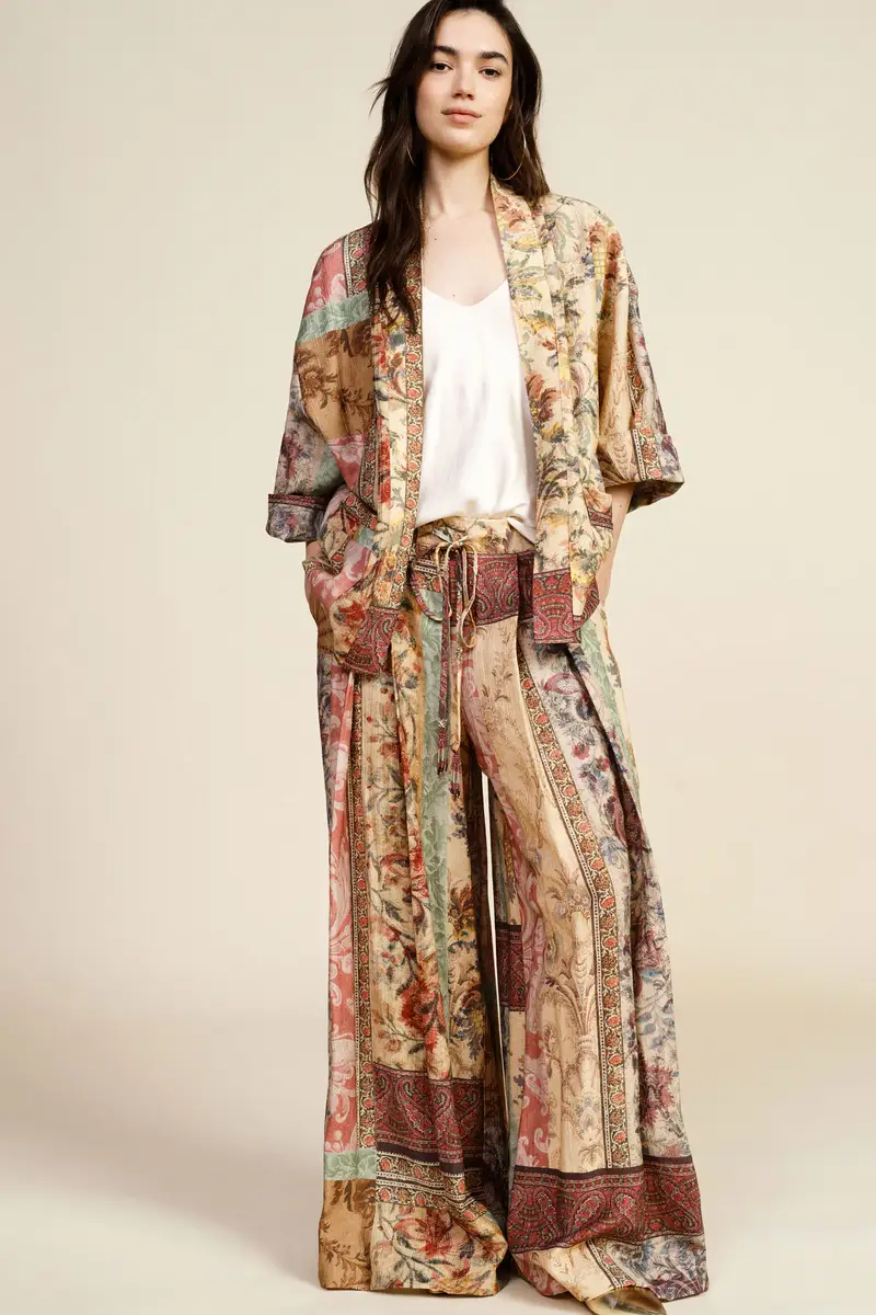 Pantaloni palazzo fantasia con vita alta e coulisse miniatura 2