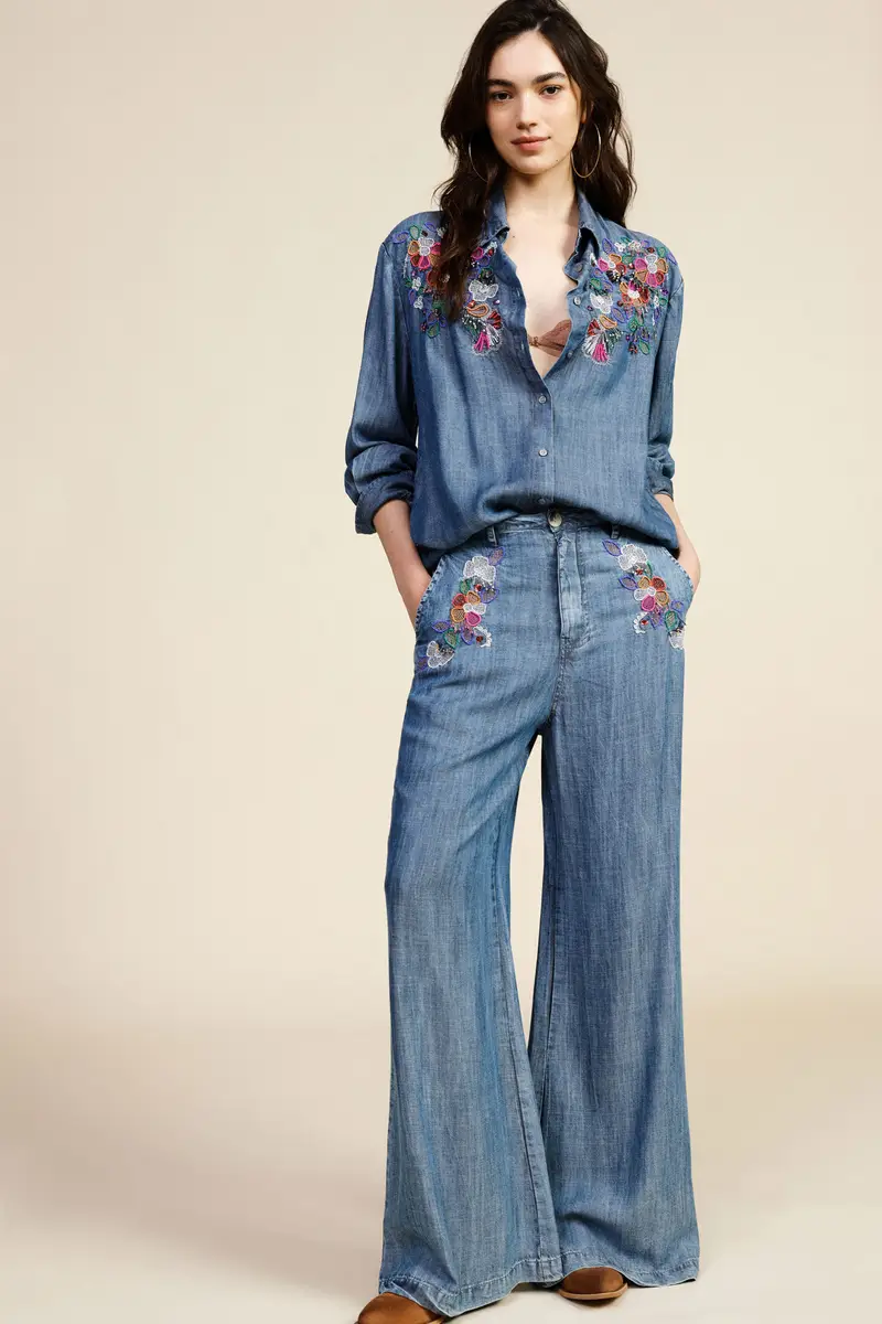 Pantaloni palazzo ricamo floreale vita alta miniatura 2