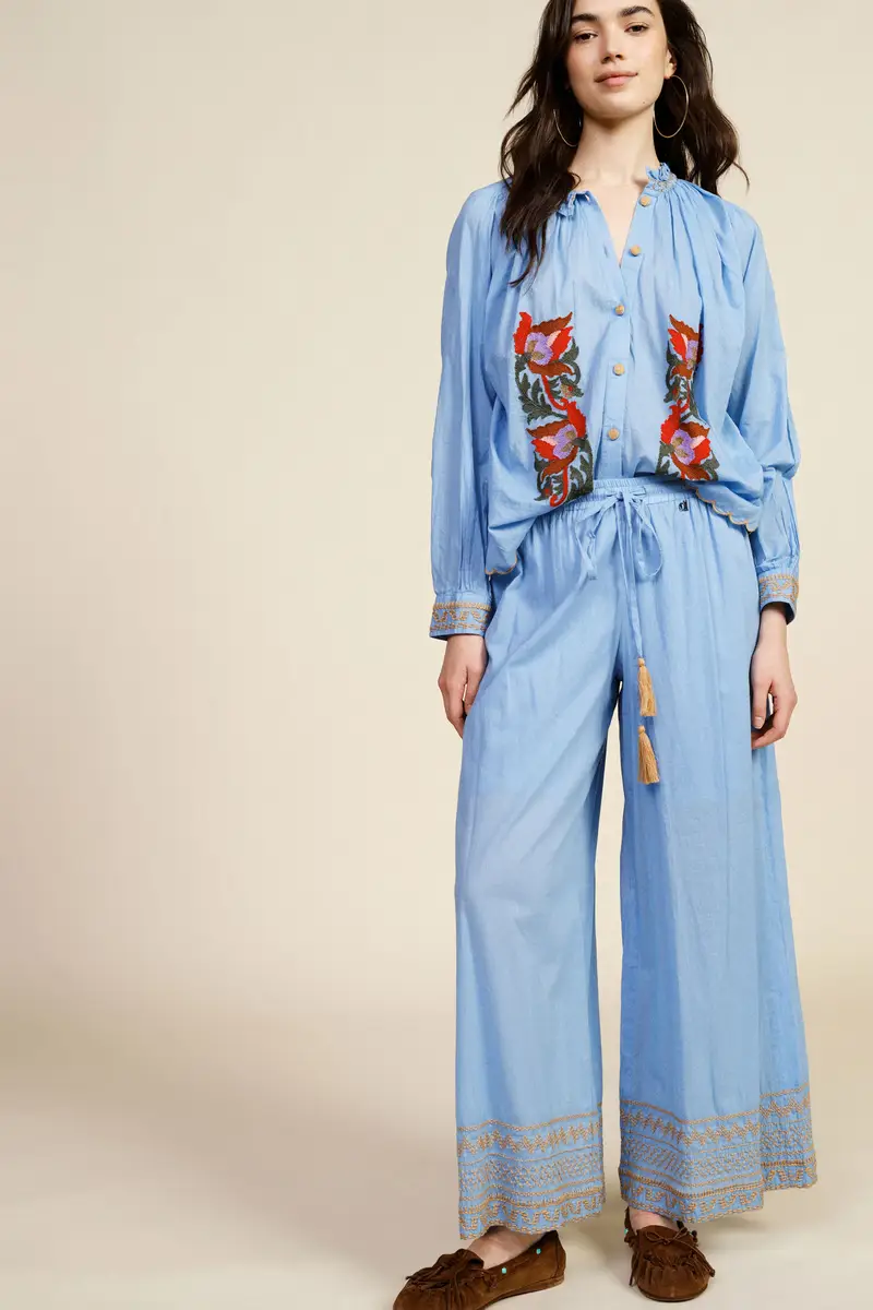 Pantaloni palazzo ricamo geometrico fondo miniatura 2