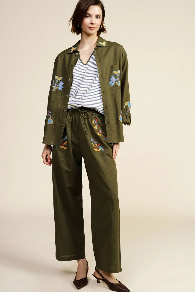 Pantaloni palazzo ricamo tasche e vita alta miniatura 2