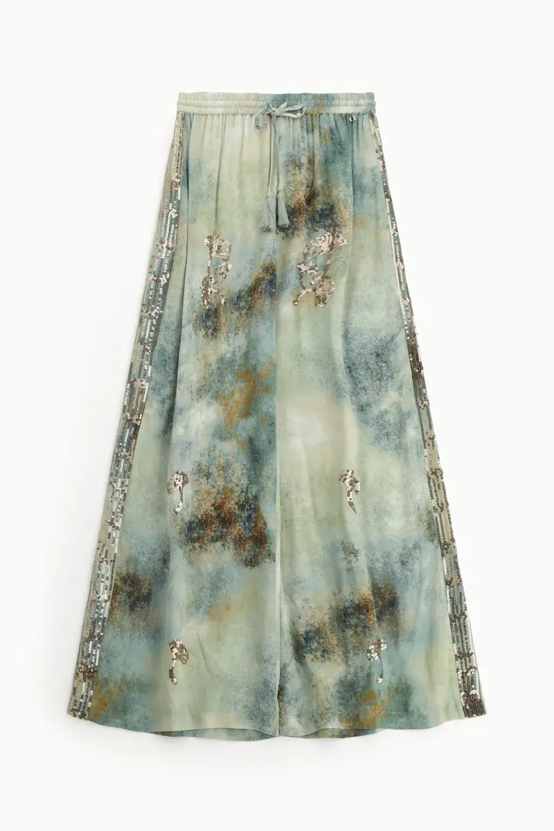 Pantaloni palazzo stampa astratta con dettagli ricamati