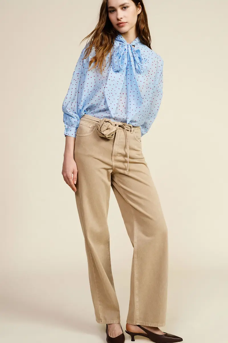 Pantaloni palazzo vita alta con cintura fiore miniatura 2