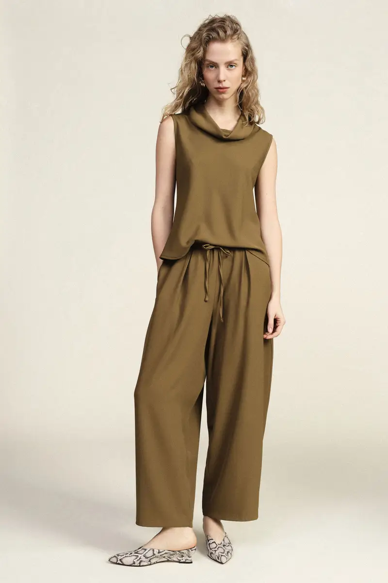 Pantaloni palazzo vita alta con coulisse e tasche miniatura 4