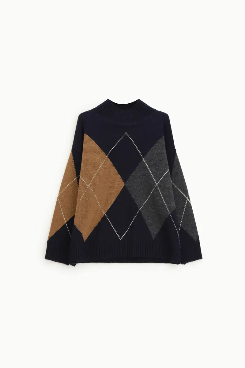 Pullover motivo argyle con collo alto lavorato a coste
