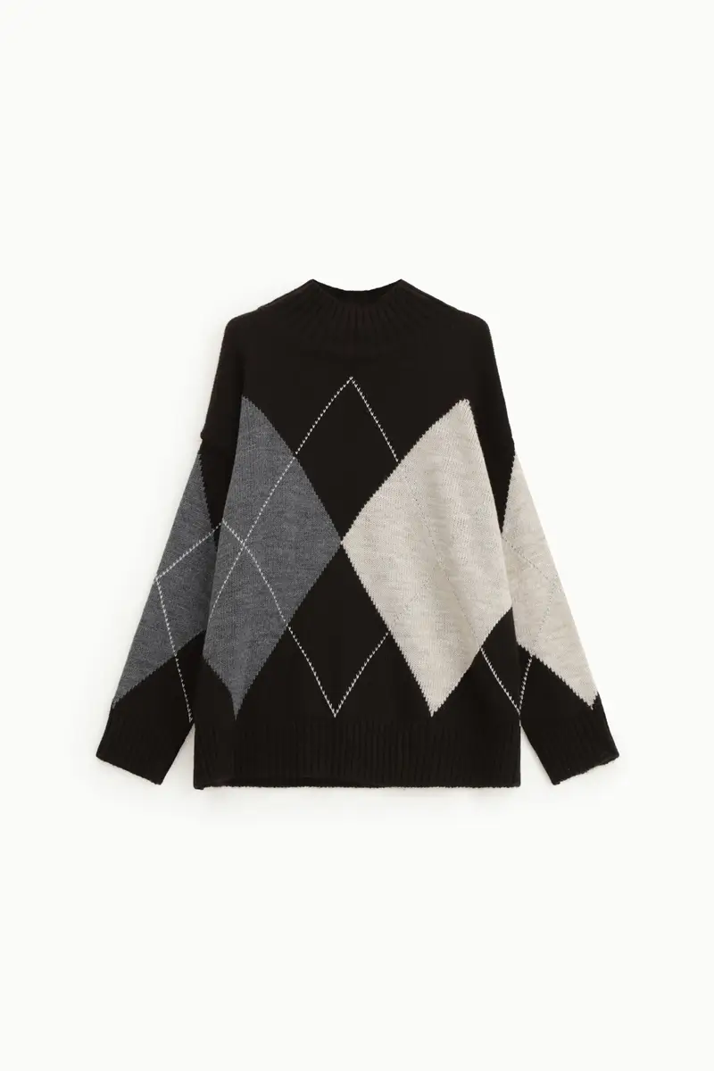 Pullover motivo argyle con collo alto lavorato a coste