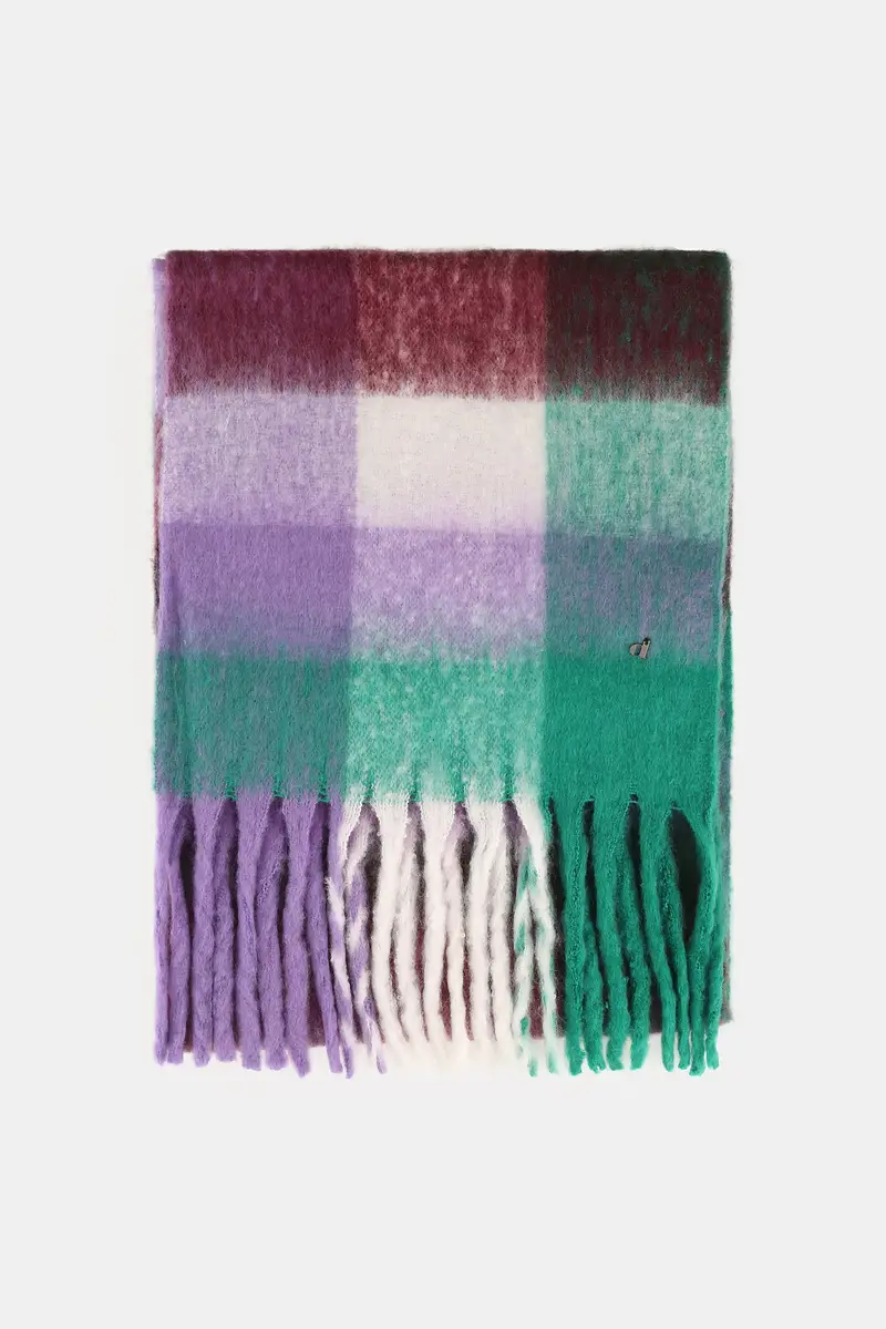 Sciarpa a quadri con frange e dettagli colorati