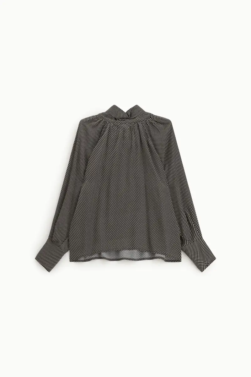 Shirt a pois con maniche lunghe e collo alto arricciato