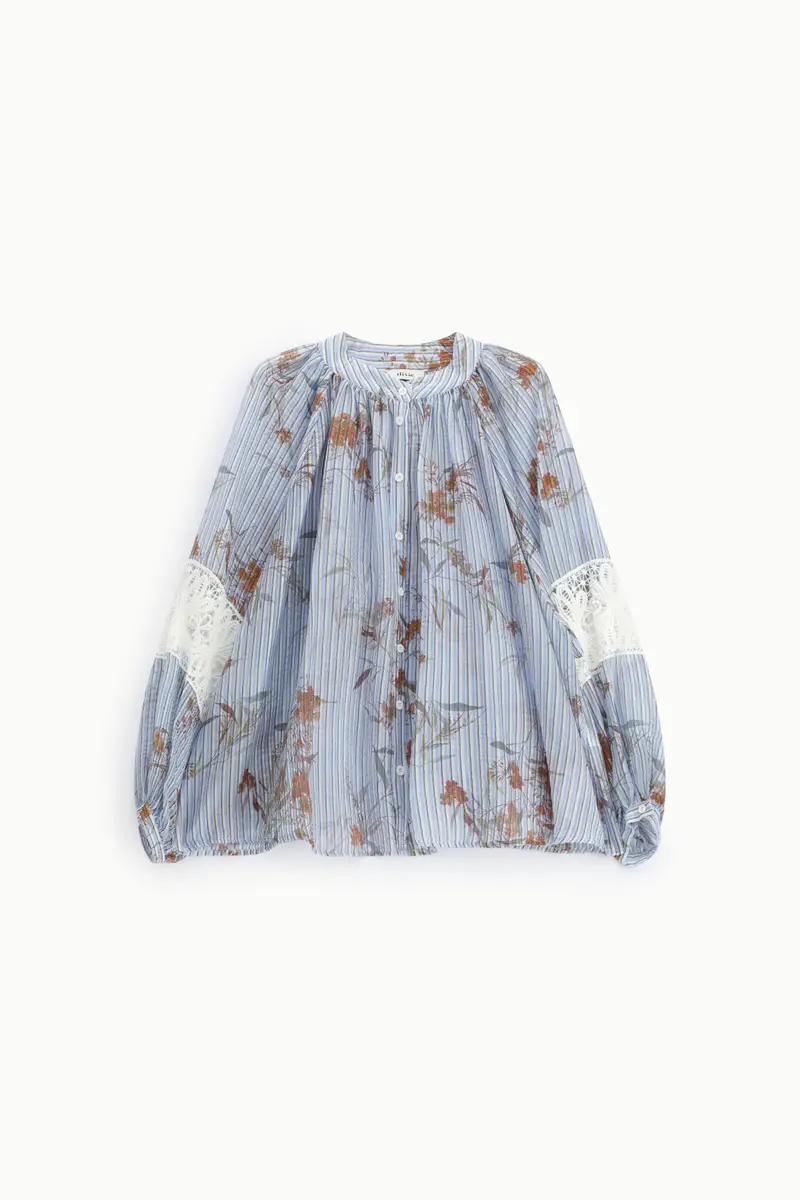 Shirt ampia a righe con dettagli pizzo sulle maniche