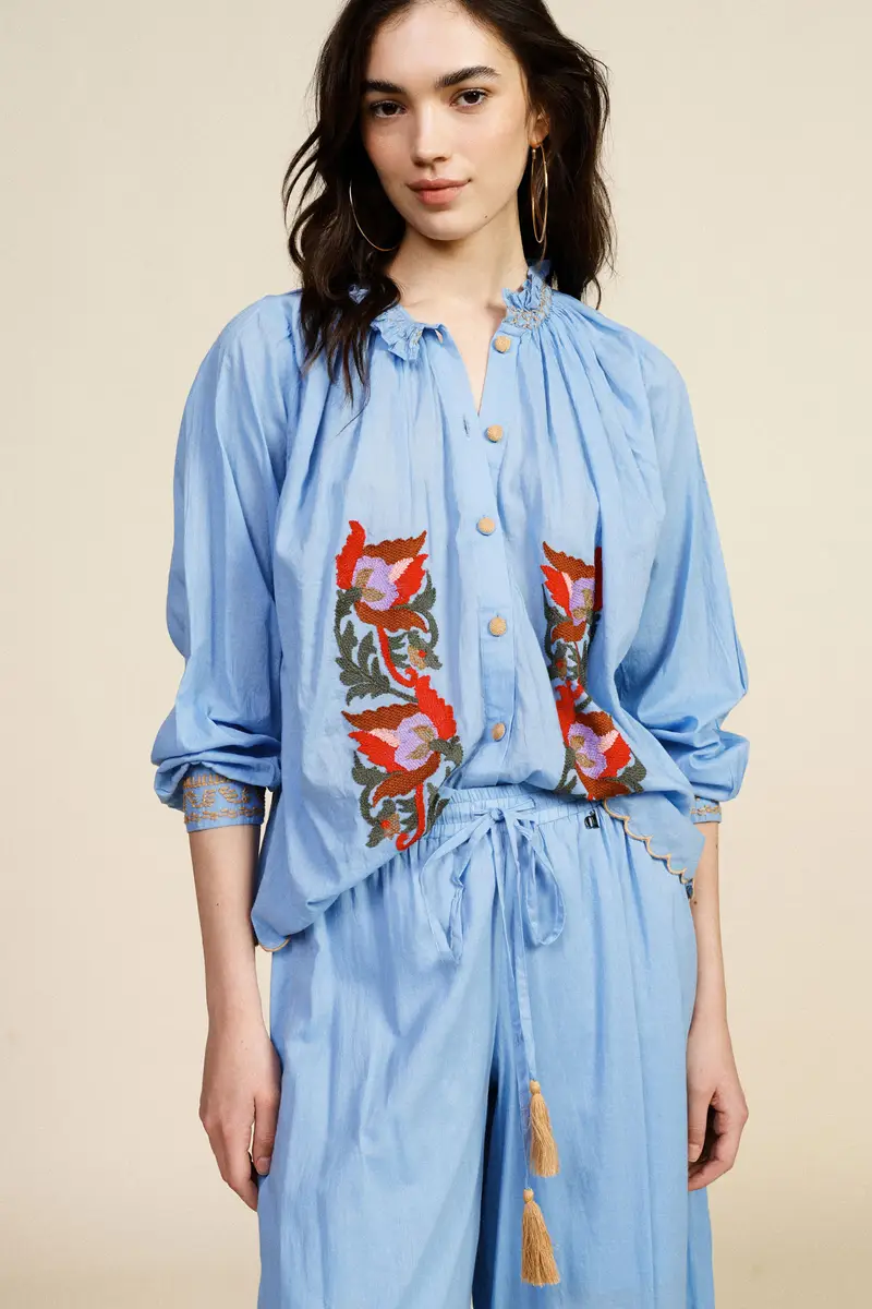 Shirt ampia ricamo floreale bottoni e bordo smerlato miniatura 2