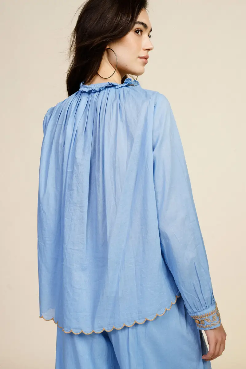 Shirt ampia ricamo floreale bottoni e bordo smerlato miniatura 3