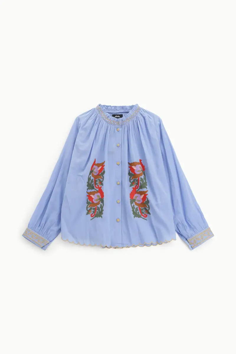 Shirt ampia ricamo floreale bottoni e bordo smerlato