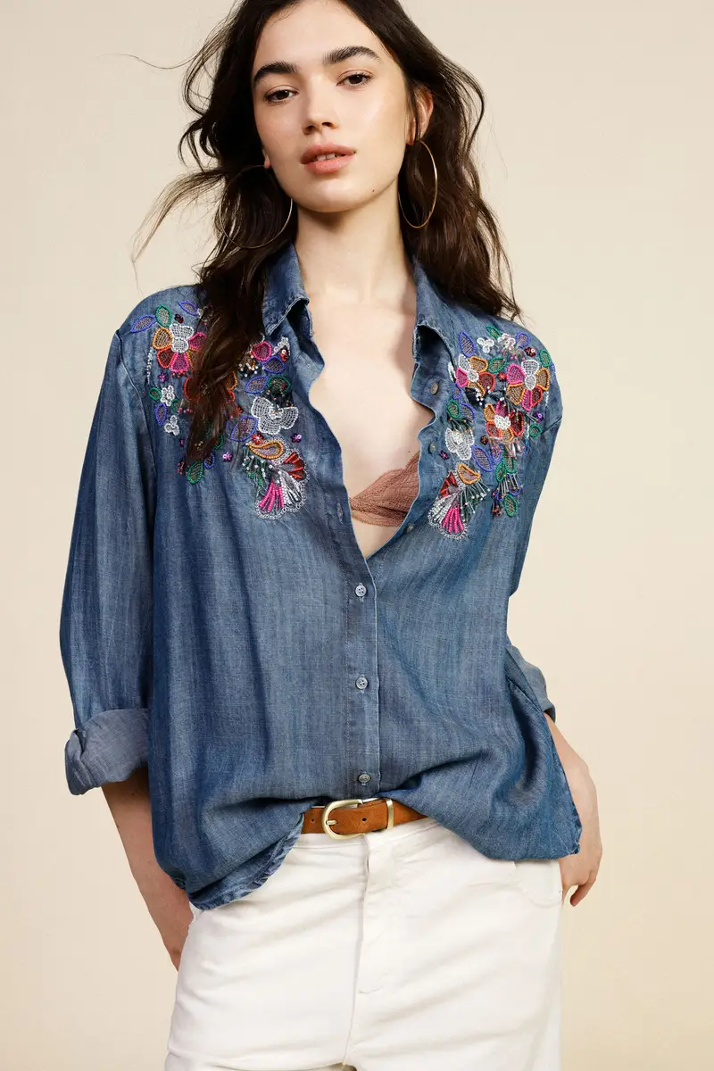 Shirt con ricamo floreale davanti e collo classico miniatura 2