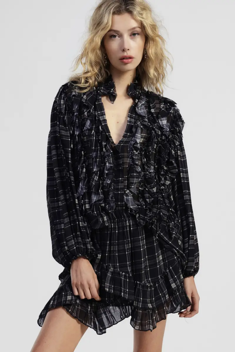 Shirt con volant davanti e motivo a quadri miniatura 2